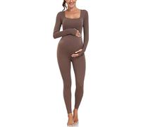 EastElegant Maternity Seamless Yoga Jumpsuits Women's One Piece Workout Bodysuits Ribbed Square Neck Long Sleeved Romper, Brown, Large