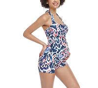EastElegant Women's Klassisch One Piece Swimsuit, Opaque, Black and Pink Floral Pattern, XL