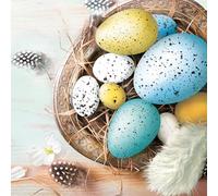 Easter 3-Ply Tissue Paper Napkins Decorative Serviettes for Decoupage 33cm x 33cm - 1/4 Folded (Pack of 20) (Easter Eggs with Feathers on Blue)