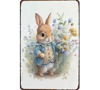 Easter Baby Bunny Vintage Metal Tin Sign Rustic Wall Art for Spring - Easter Rabbit Decor Gifts for Kids Home Classroom 8x12 inches