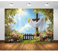 Easter Backdrop 10x8ft Christian Cross Jesus Christ Shroud Colorful Eggs Green Grass Lawn Background Christianity Church Religious Party Decorations Easter Banner Photo Studio Props