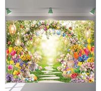 Easter Backdrop 7x5ft Spring Garden Arch Floral Colorful Eggs Rabbit Butterfly Photography Background for Easter Party Decorations Banner Photo Booth