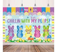 Easter Backdrop Decorations for Home 5x3Ft Happy Easter Banner Backdrop Chillin with My Peps Backdrop for Photography Cute Bunny Pattern Banner Party Wall Background