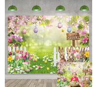 Easter Backdrop Easter Photo Backdrop Spring Garden Rabbit Colorful Eggs Fence Bokeh Photography Background Baby Children Birthday Party Decoration Background (7X5FT (210x150cm))