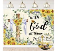 Easter Backdrop Jesus Cross Background Easter Sunflower Christian Decorations With God All Things Are Possible Banner for Home Office Photo Prop Booth