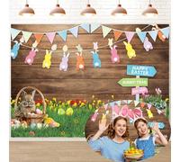 Easter Backdrops for Photography 8x6FT Easter Party Banner Decorations Spring Flower Green Grass Rabbit Egg Wooden Wall Background Kids Newborn Portrait Photo Props