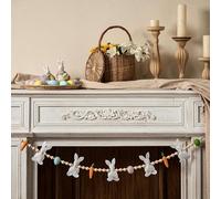 Easter Banner Wooden Beads Felt Bunny Garland Colorful Easter Eggs Carrot Bead Garland for Mnatel Wall Decorations Indoor (White, 130cm)