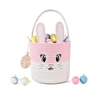 Easter Basket Cute Bunny Baskets Personalized Rabbit Bucket with Folding Handle for Egg Hunting, Embroidered Easter Bag Woven Cotton Rope Tote for Boys Girls Newborn, for Candy Gifts Toy Storage, Pink