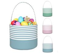 Easter Basket Egg Hunt Buckets,Personalized Canvas Tote Bags Blue Stripe Egg Hunt Basket for Kid Boy Girl Easter Party Gifts