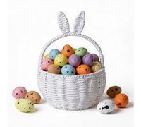 Easter Basket for Kids with 100 Mini Foam Eggs - Handwoven Bunny Egg Hunt Hamper with Handle - Wicker Rabbit Ears Gift Basket for Children, Nursery Storage & Spring Party Favours (White)