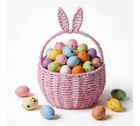 Easter Basket for Kids with 100 Mini Foam Eggs - Handwoven Bunny Egg Hunt Hamper with Handle - Wicker Rabbit Ears Gift Basket for Children, Nursery Storage & Spring Party Favours (Pink)