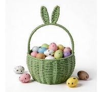 Easter Basket for Kids with 100 Mini Foam Eggs - Handwoven Bunny Egg Hunt Hamper with Handle - Wicker Rabbit Ears Gift Basket for Children, Nursery Storage & Spring Party Favours (Green)