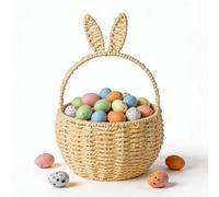 Easter Basket for Kids with 100 Mini Foam Eggs - Handwoven Bunny Egg Hunt Hamper with Handle - Wicker Rabbit Ears Gift Basket for Children, Nursery Storage & Spring Party Favours (Yellow)
