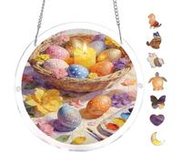 Easter Basket Painted Eggs Flowers 7.8x7.8Inch Round Acrylic Hanging Puzzle | Creative Home Accent with Visual Appeal