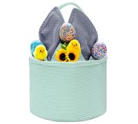 Easter Basket Seersucker Egg Hunt Bunny Baskets for Kids with Cute Rabbit Ears Stripe Storage Gifts Candies Personalized Easter Party Gifts.(Mint)
