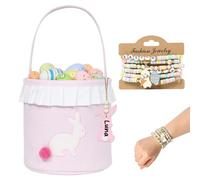 Easter Basket with Embroidered Bunny Pattern and 3D Tail, Personalized Bunny Name Tags Bunny Bucket with Handle and Ruffle Trim, Reusable Easter Egg Hunt Gift Bag for Candy & Spring Decorations