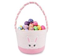 Easter Baskets for Girls, Pink Big Eyes Bunny Gift Basket Empty with Handle Woven Cotton Rope Egg Hunt Bag for Kids Babies Toddler Teens