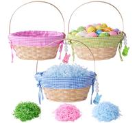 Easter Baskets for Kids, 3 Pcs Large Personalized Wicker Bamboo Easter Basket Empty with Handle, Basket Tags, Pink, Blue, Green Woven Rope Egg Easter Baskets Gifts for Boys Girls Babies Toddler