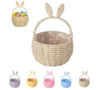 Easter Baskets for Kids, Bunny Egg Bags with Cute Ears Handle, Easter Decor Handmade Woven Flower Girl Basket, Reusable Picnic Storage Basket for Easter Hunt Deco Party Container (Khaki)