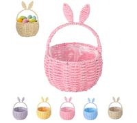 Easter Baskets for Kids, Bunny Egg Bags with Cute Ears Handle, Easter Decor Handmade Woven Flower Girl Basket, Reusable Picnic Storage Basket for Easter Hunt Deco Party Container (Pink)