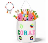 Easter Baskets for Kids, Personalised Kids Easter Basket with Custom Felt Letters and Patches, Linen Bucket for Toddlers, Egg Hunt, Toys and Gifts (Pink)
