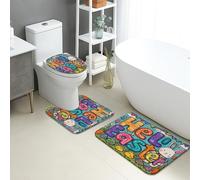 Easter Bathroom Mat Sets 3 Piece, Colorful Bunny Hello Easter Absorbent Non Slip Toilet Rugs U Shaped Washable, Spring Floral Quick Dry Flannel Bathroom Rug Set