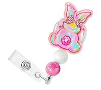 Easter Beaded Badge Reel Retractable Colorful Gradient Leopard Print Bow Bunny Badge Holder with Alligator Clip Acrylic Badge ID Name Tag Badge Reel for Nurses Student Employee Doctors Party Supplies