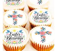 Easter Blessings Cake Toppers - Pre Cut - Flower Cross Cupcake Decorations - Icing or Wafer - 4cm x 24 - Christian Easter Spring Cakes (wafer)