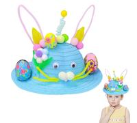 Easter Bonnet Diy Kit for Kids,Easter Cartoon Cap Make Your Own Bonnet Hat Craft Set with Straw Hats,Watercolor Pen,Egg,Hairball,Fun Handmade Diy Hats For Boys Girls Party Favorites and Gifts,Blue