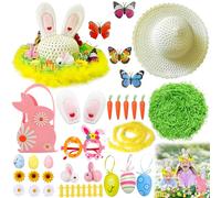 Easter Bonnet Kit, Easter Decorations, 31 PCS DIY Craft Kit with Bonnet Hat,Bunny,Bunny Ear,Carrots,Basket,Glasses,Eggs,Grass,Flower,Fence,Butterfly, Easter Crafts For Easter Bonnet Competition School