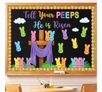 Easter Bulletin Board Decorations Set, Tell Your Peeps He is Risen Cross Easter Christian Bulletin, 80 Pieces Thick Cardstock Sunday School Classroom Church Chalkboard Decoration