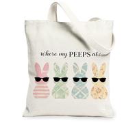 Easter Bunnies Canvas Tote Bags, Floral Pattern Reusable Grocery Bags, Spring Lightweight Washable Shoulder Strap Canvas Fo, White, 13x15 Inch