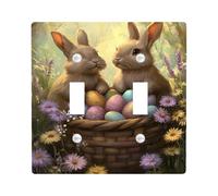 Easter Bunnies Light Switch Cover Plates/Outlet Covers, Soft Brown Rabbits with Colorful Eggs, Spring Seasonal Decor, Thermoplastic Wall Plates, Standard Size Double Toggle