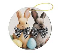 Easter Bunnies with Black White Plaid Bows Christmas Tree Hanging Ornaments,2 Pieces, 7.2CM Round Double-Sided