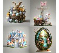 Easter Bunny 2D Printing Display, Set of 4, Decorative Spring Decor Set with Easter Eggs and Floral Accents, Holiday Home Display