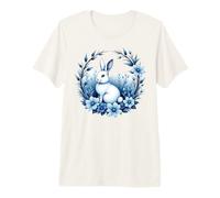 Easter Bunny Amidst Lush Blue Floral Chinoiserie Elements Premium T-Shirt
