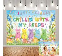 Easter Bunny Backdrop Spring Bunny Chillin with My Peeps Photoshoot Background Happy Easter Eggs Party Decor Banner Booth Props (7x5FT(82x59 inch))
