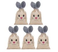 Easter Bunny Bags with Drawstring, Burlap Rabbit Ears Candy Storage Pouch for Chocolate Cookies Egg Hunt, Party Favors Gift Bags Bulk for Kids Girls Holiday Gifts Giving (5pcs)