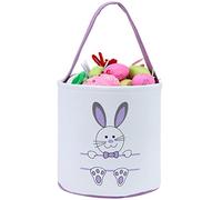 Easter Bunny Basket Egg Bags for Kids,Canvas Cotton Personalized Candy Egg Basket Rabbit Print Buckets with Fluffy Tail Gifts Bags for Easter