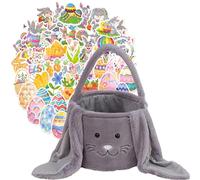 Easter Bunny Basket for Kids, DIY Easter Basket with 50PCS Easter Stickers Pack for Boys Girls, Easter Gifts Egg Hunting Big Ear Plush Easter Bags (Grey)