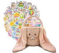 Easter Bunny Basket for Kids, DIY Easter Basket with 50PCS Easter Stickers Pack for Boys Girls, Easter Gifts Egg Hunting Big Ear Plush Easter Bags (Brown)