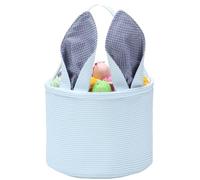 Easter Bunny Basket Seersucker Egg Bags for Kids,Personalized Candy Egg Basket Rabbit Print Buckets with Fluffy Tail Gifts Bags for Easter