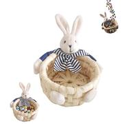 Easter Bunny Basket Woven Storage Bowl with Plush Rabbit Figure, Blue Striped Bow Tie for Chocolate Eggs Sweets Holder, Spring Home Table Centrepiece (White)