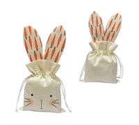 Easter Bunny Burlap Drawstring Candy Bags, 11" x 5.7" Jute Fabric Treat Pouches with Embroidered Bunny Face & Carrot Pattern Ears, Rustic Gift Bags for Easter Egg Hunt, Party Favors, Goodie Bags