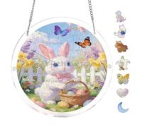 Easter Bunny Butterfly Blossom Scene 7.8x7.8Inch Round Acrylic Hanging Puzzle | Creative Home Accent with Visual Appeal