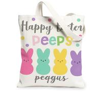 Easter Bunny Canvas Tote Bags, Colorful Rabbit Design Reusable Grocery Bags, Spring Lightweight Washable Shoulder Strap Can, White, 13x15 Inch