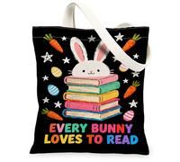 Easter Bunny Canvas Tote Bags, Cute Rabbit Design Reusable Grocery Bags, Spring Fanciful Lightweight Washable Shoulder Stra, Black, 13x15 Inch