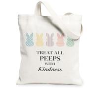 Easter Bunny Canvas Tote Bags, Cute Rabbit Pattern Reusable Grocery Bags, Spring Vintage Washable Shoulder Strap Canvas for, White, 13x15 Inch