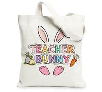 Easter Bunny Canvas Tote Bags, Cute Rabbit Spring Floral Pattern Reusable Grocery Bags, Lightweight Washable Shoulder Strap, White, 13x15 Inch