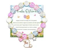 Easter Bunny Charm Bracelet for Girls with Crackle Beads, Heart and Star Pendants on Elastic Cord - Festive Seasonal Jewellery Gift for Young Girls, Teen and Daughters for Spring Celebrations